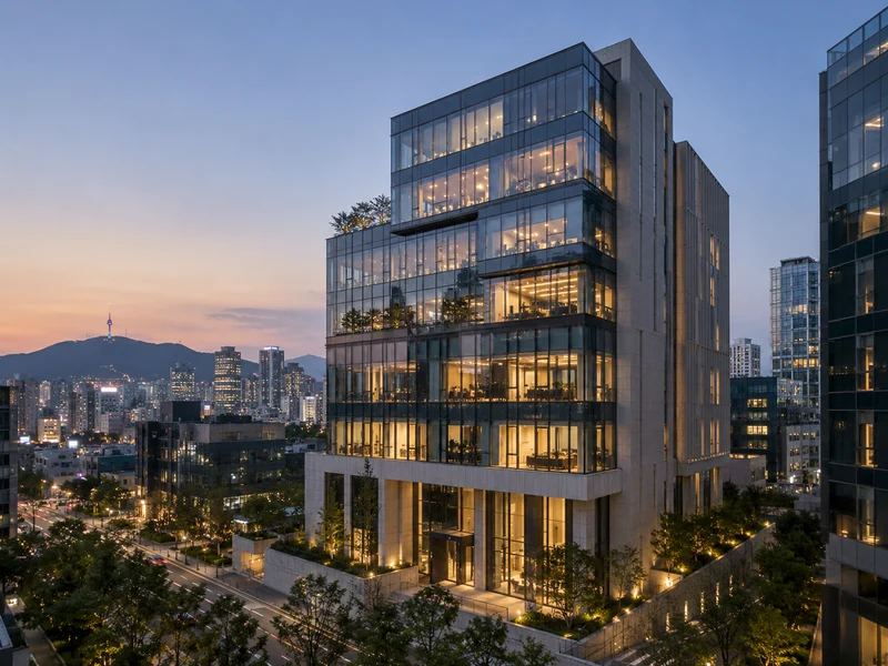 Illustrative modern glass office building in an urban setting at dusk